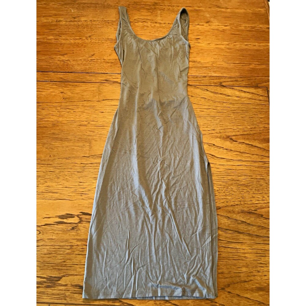 Women's Gray Solid Scoop Neck Strappy Backless Stretch Bodycon Midi Dress M